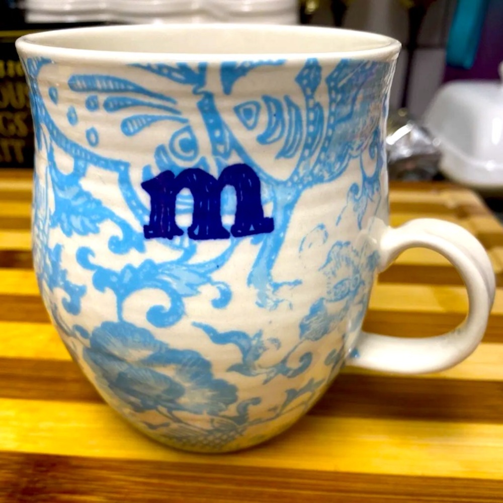 Anthropologie Homegrown Blue Butterflies M Initial Monogram Coffee Tea Mug Cup